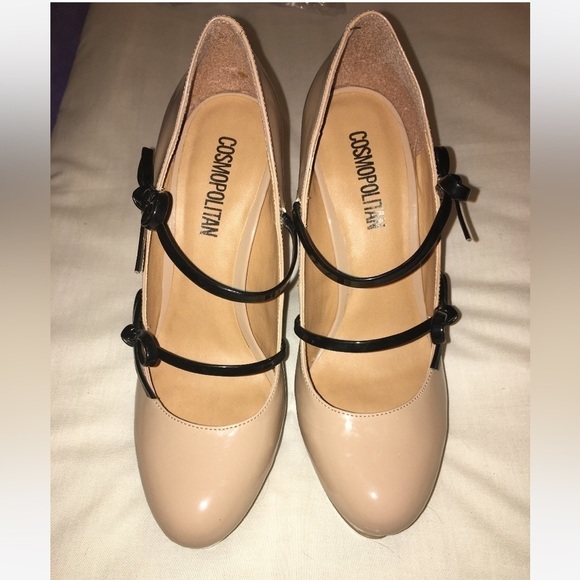 Cosmopolitan Maryjane Style Platform Patent Heels Tan w/ Black Bow Straps Sz 8.5 - Picture 2 of 5